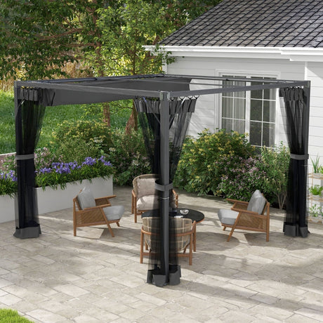 3m x 3m Aluminium Pergola – Dark Grey Retractable Canopy Roof with Mesh Curtains, Outdoor Patio Garden Shelter + Ground Fixings
