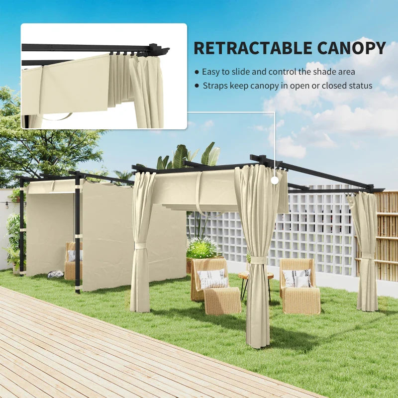 3m x 3m Retractable Roof Pergola – Beige Canopy with Curtains, Outdoor Patio Shade Shelter