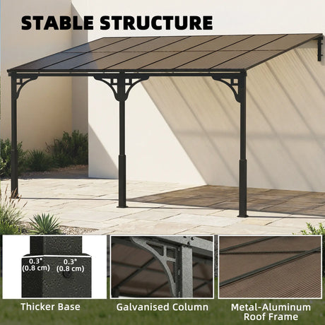 4m x 3m Wall-Mounted Lean-To Pergola with Polycarbonate Hardtop Roof – Heavy Duty Aluminium Garden Gazebo, Weatherproof Patio & BBQ Shelter, Modern Brown
