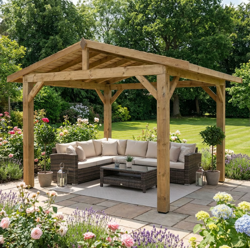 Wooden Apex Gazebo with Cedar Featheredge Roof – No Overhang Design