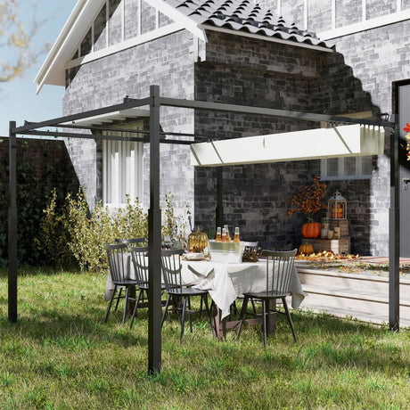 3m x 3m Retractable Roof Garden Pergola – Cream White Sun Shade Canopy, Outdoor Patio Shelter