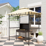 8' x 5' Beige Double Tiered BBQ Grill Gazebo Canopy with LED Lights, 2 Side Shelves & Hooks
