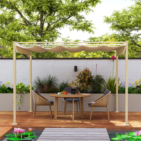 3m x 3m Retractable Pergola – Khaki Sun Shade Canopy UPF30+, Outdoor Patio Garden Shelter