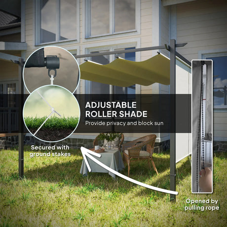 3m x 4m Metal Pergola with Retractable Roof & Roller Shade – UPF30+ Free-Standing Garden Gazebo Canopy, Outdoor Sun Shelter in Beige
