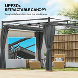 3m x 3m Pergola with Retractable Roof Canopy – UPF30+ Garden Gazebo with Curtains, Heavy-Duty Metal Frame Outdoor Sun Shade in Dark Grey