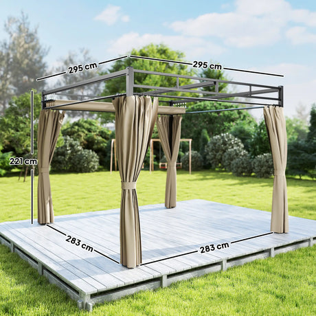 3m x 3m Pergola with Retractable Roof Canopy – UPF30+ Metal Garden Gazebo with Curtains, Outdoor Sun Shade Shelter in Khaki