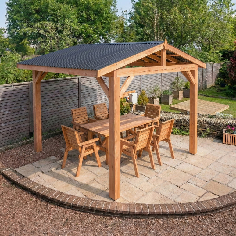 Rough Sawn Larch Garden Gazebo with Corrugated Metal Featheredge Roof – Apex No Overhang