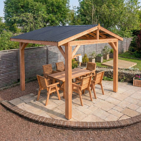 Rough Sawn Larch Garden Gazebo with Corrugated Metal Featheredge Roof – Apex No Overhang