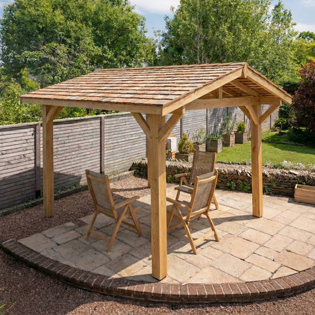 Oak Wooden Gazebo - Cedar Shingle Roof - Apex Design - With Overhang