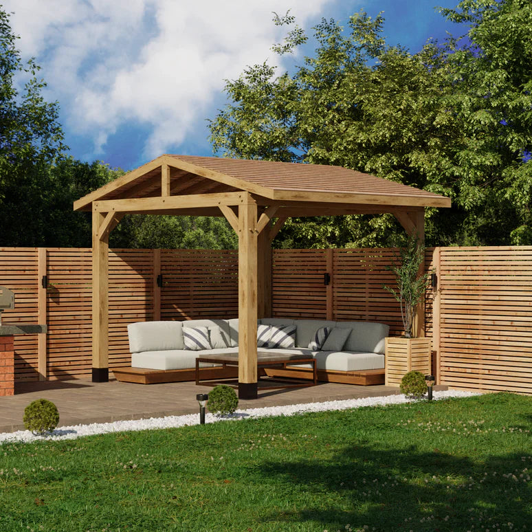Oak Wooden Gazebo - Cedar Featheredge Roof - Apex Design - No Overhang