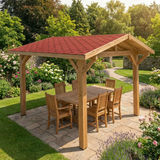 Oak Apex Gazebo with Katepal Red Shingle Roof and Overhang