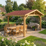 Oak Apex Gazebo with Katepal Red Shingle Roof and Overhang