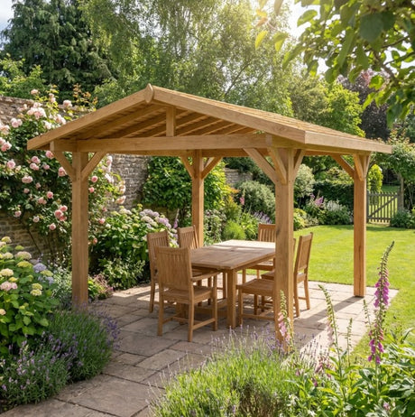 Oak Wooden Gazebo - Cedar Featheredge Roof - Apex Design - With Overhang