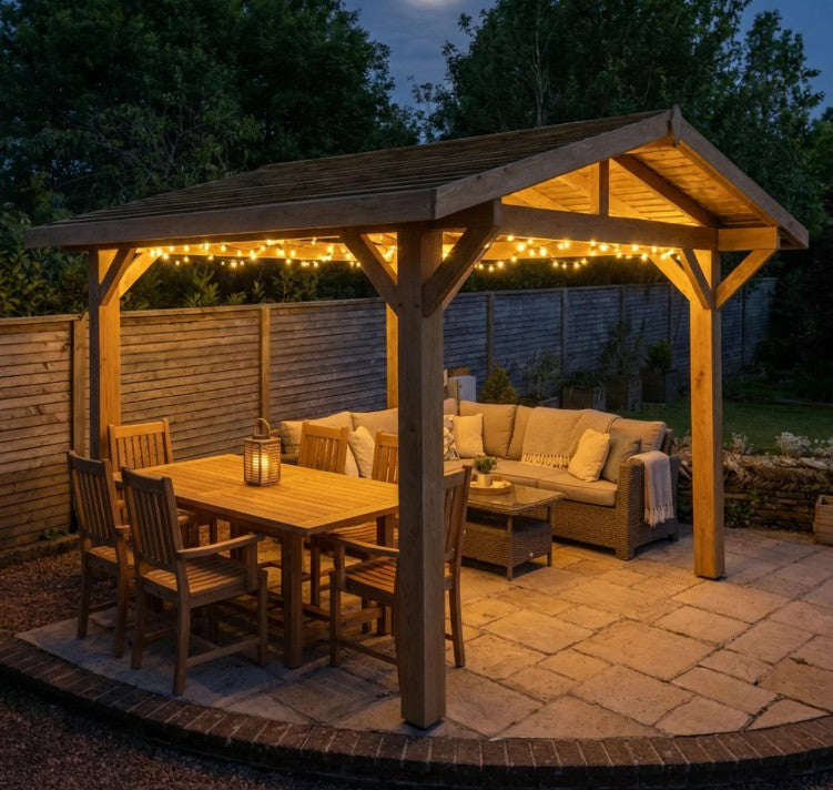 Oak Wooden Gazebo - Cedar Featheredge Roof - Apex Design - With Overhang