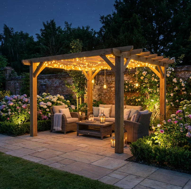 Oak Flat Roof Pergola with Open Roof Design