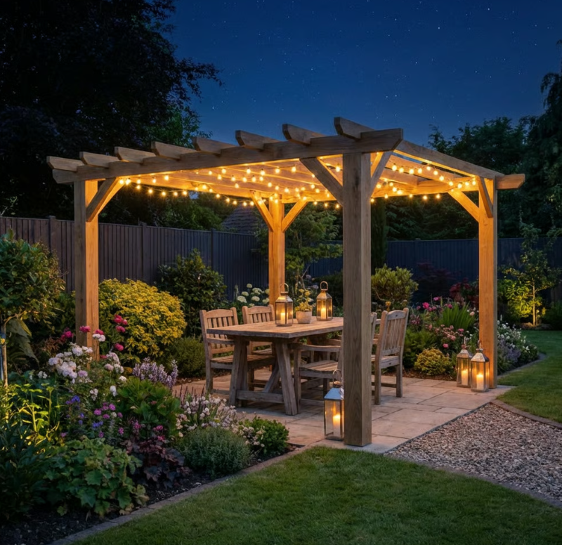 Oak Flat Roof Pergola with Open Roof Design