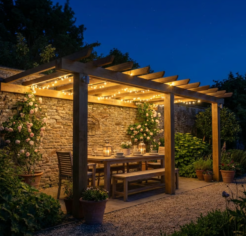 Oak Lean-To Pergola with Open Roof Design