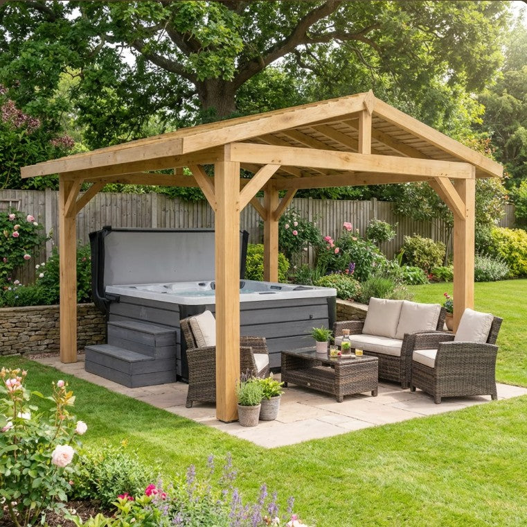 Oak Wooden Gazebo - Cedar Featheredge Roof - Apex Design - No Overhang