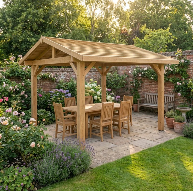 Oak Wooden Gazebo - Cedar Featheredge Roof - Apex Design - With Overhang
