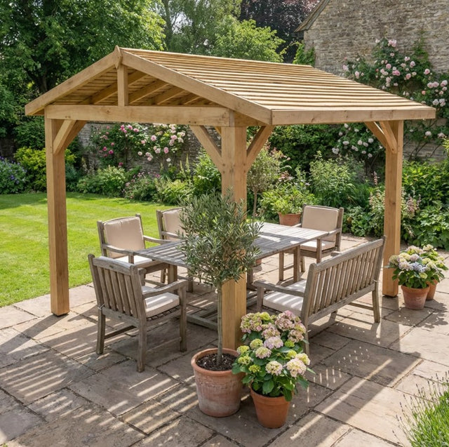 Oak Wooden Gazebo - Cedar Featheredge Roof - Apex Design - No Overhang