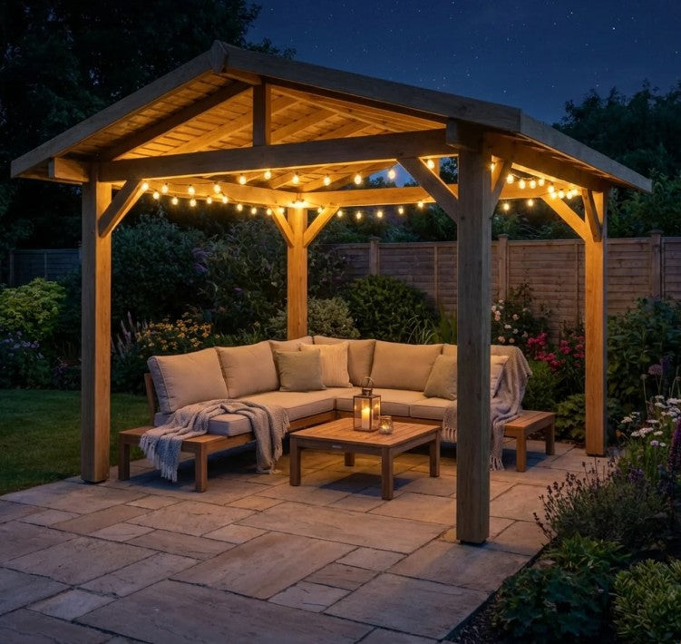 Oak Wooden Gazebo - Cedar Featheredge Roof - Apex Design - With Overhang