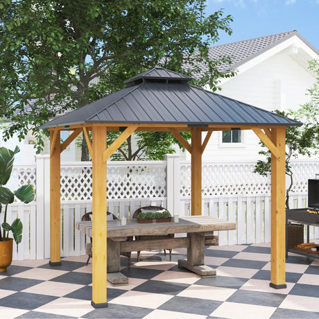 Grey 3m x 3m Hardtop Gazebo Canopy with 2-Tier Roof and Solid Wood Frame