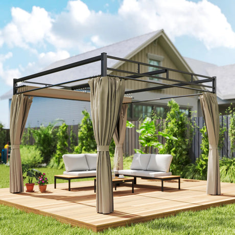 3m x 3m Pergola with Retractable Roof Canopy – UPF30+ Metal Garden Gazebo with Curtains, Outdoor Sun Shade Shelter in Khaki
