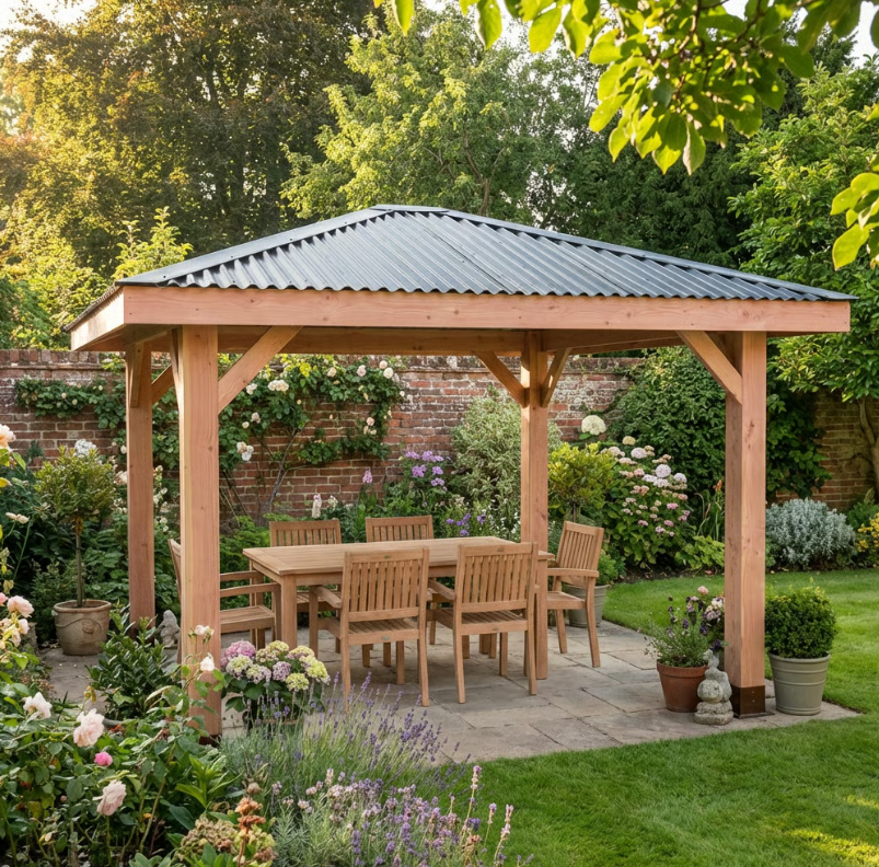 Planed Larch Pergola with Metal Corrugated Roof – 4-Pitch Garden Pergola