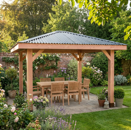 Planed Larch Pergola with Metal Corrugated Roof – 4-Pitch Garden Pergola