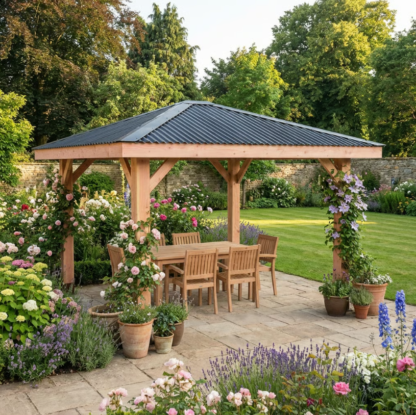 Planed Larch Pergola with Metal Corrugated Roof – 4-Pitch Garden Pergola