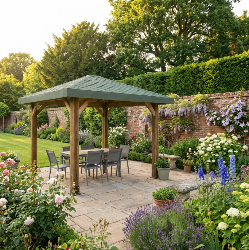 Wooden 4 Pitch Gazebo with Katepal Green Shingle Roof - Premium Weatherproof Garden Gazebo