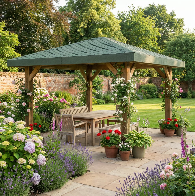 Wooden 4 Pitch Gazebo with Katepal Green Shingle Roof - Premium Weatherproof Garden Gazebo