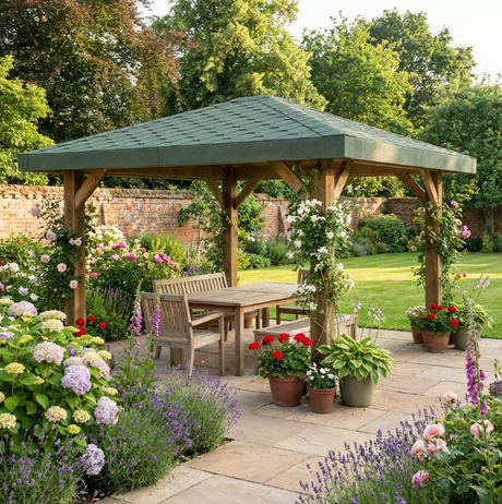 Wooden 4 Pitch Gazebo with Katepal Green Shingle Roof - Premium Weatherproof Garden Gazebo