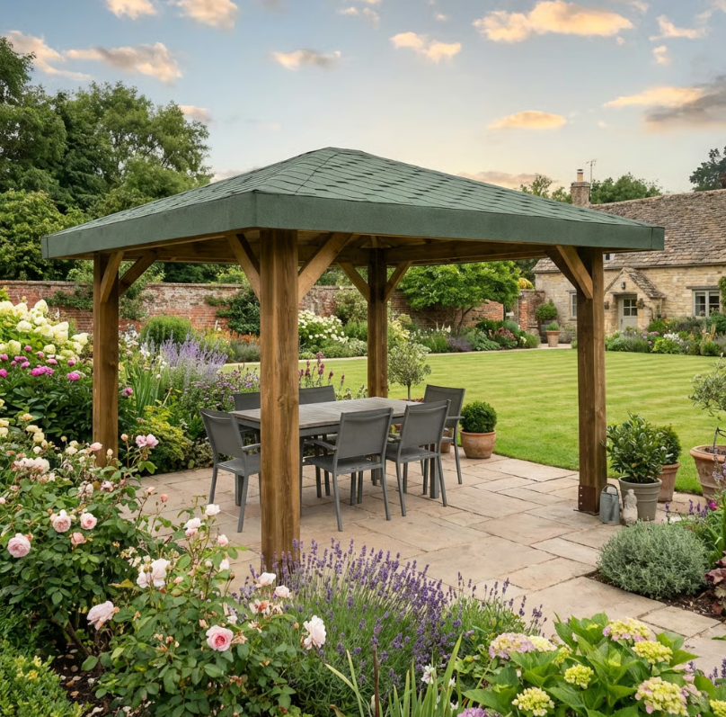 Wooden 4 Pitch Gazebo with Katepal Green Shingle Roof - Premium Weatherproof Garden Gazebo