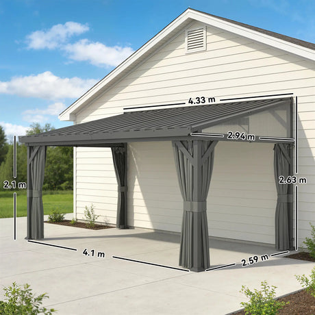 4.3m x 3m Lean-To Pergola with Galvanised Steel Roof – Wall-Mounted Garden Gazebo with Netting & Curtains, Heavy-Duty Outdoor Canopy in Dark Grey