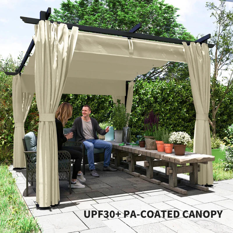 3m x 3m Retractable Roof Pergola – Beige Canopy with Curtains, Outdoor Patio Shade Shelter