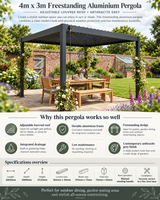 4m x 3m Freestanding Aluminium Garden Pergola with Louvred Roof – Anthracite Grey