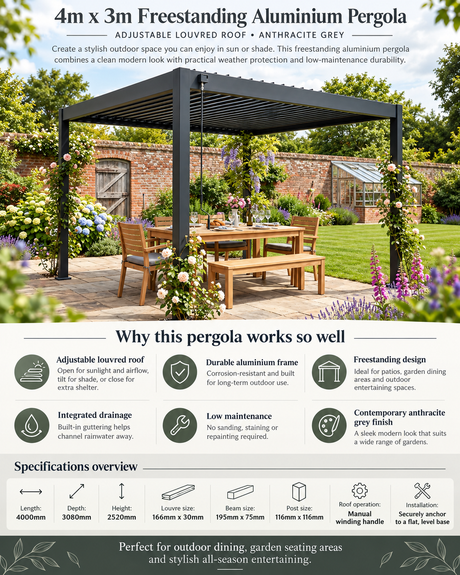 4m x 3m Freestanding Aluminium Garden Pergola with Louvred Roof – Anthracite Grey