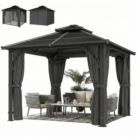 2.5m x 2.5m Hardtop Gazebo with 7mm Polycarbonate Roof – Permanent Garden Pavilion with Curtains & Mosquito Netting, Weatherproof Outdoor Canopy in Dark Grey