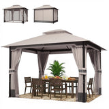 3 x 3.6m Ventilated Double Roof Garden Gazebo with Curtains & Mesh Netting, Heavy Duty Metal Frame Outdoor Patio Pavilion, Khaki
