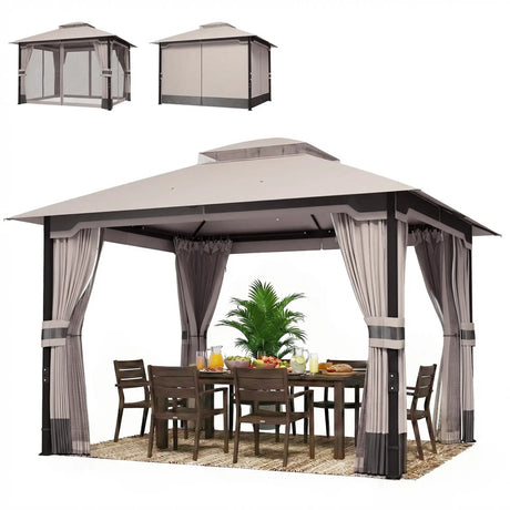 3 x 3.6m Ventilated Double Roof Garden Gazebo with Curtains & Mesh Netting, Heavy Duty Metal Frame Outdoor Patio Pavilion, Khaki