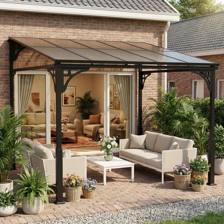 3m x 2.87m Lean-To Pergola with Polycarbonate Roof – Wall-Mounted Hardtop Garden Canopy, Durable Aluminium & Metal Frame Outdoor Patio Cover