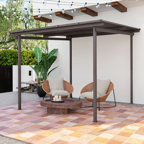 3m x 3m Lean-To Metal Pergola – Brown Wall Mounted Outdoor Patio Shade Shelter