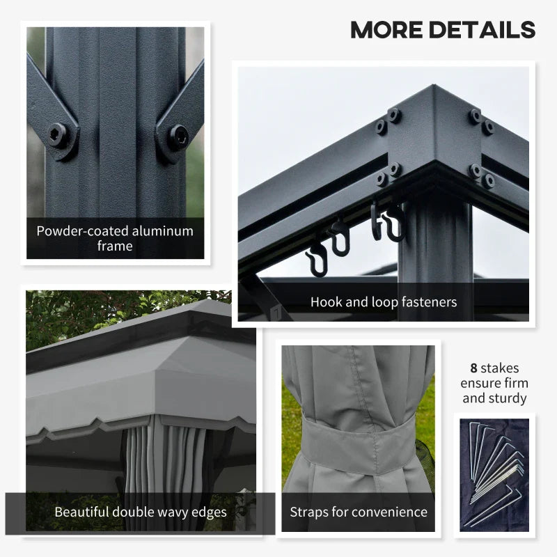 3 x 4m Light Grey Aluminium Garden Gazebo Canopy Shelter Pavilion Tent with Nets and Curtains for Outdoor Parties