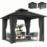 2.5m x 2.5m Hardtop Gazebo with 7mm Polycarbonate Roof – Permanent Garden Pavilion with Curtains & Mosquito Netting, Weatherproof Outdoor Canopy in Dark Grey