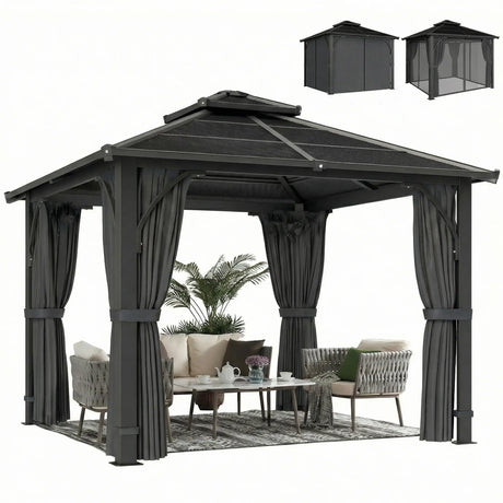 2.5m x 2.5m Hardtop Gazebo with 7mm Polycarbonate Roof – Permanent Garden Pavilion with Curtains & Mosquito Netting, Weatherproof Outdoor Canopy in Dark Grey