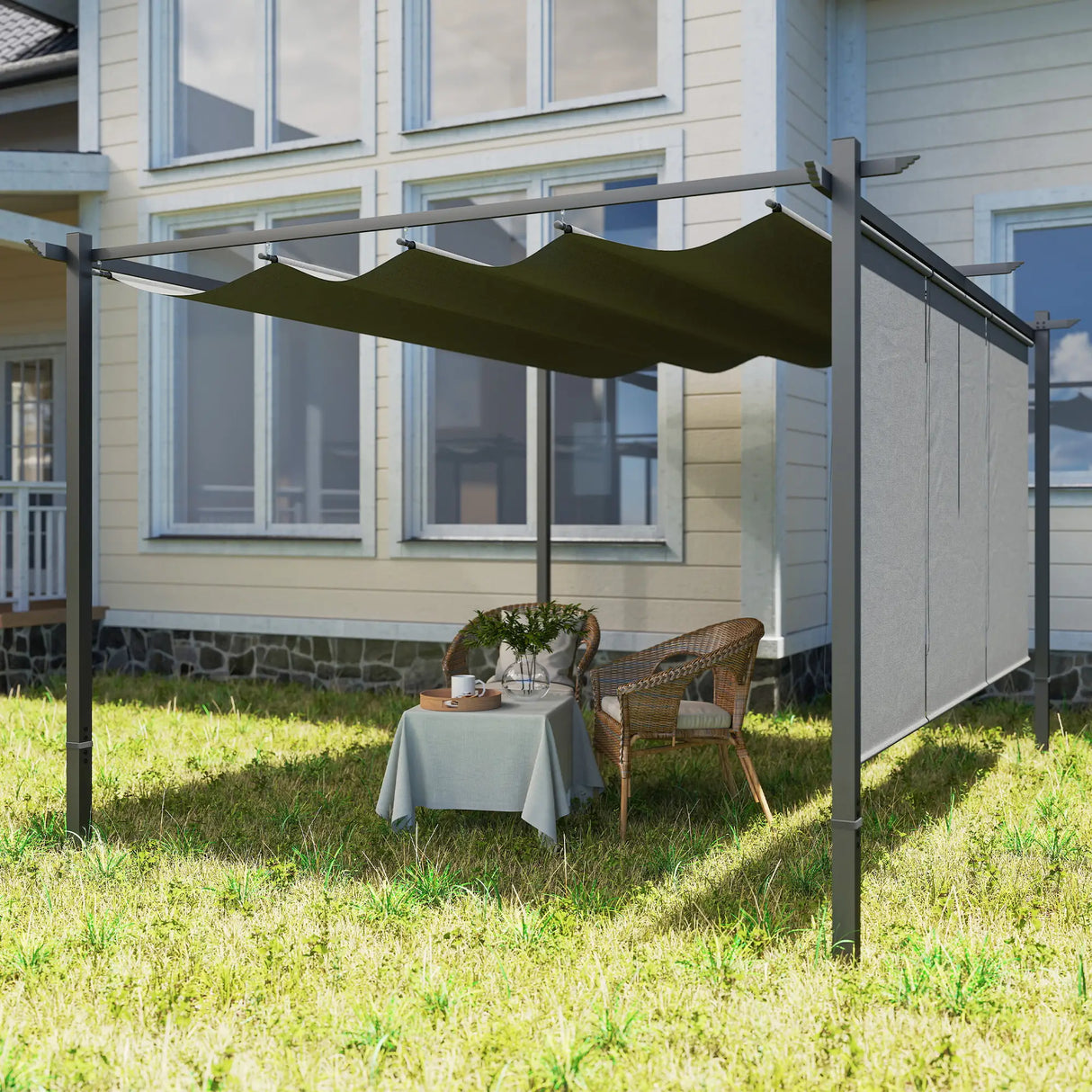 3m x 4m Metal Pergola – Sliding Canopy Roof with Roller Blind UPF30+
