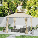 3m x 3m Beige Garden Gazebo with Double Roof, Metal Frame, Curtains & Solar-Powered LED Lights - Outdoor Canopy Shelter for Patio & Decking
