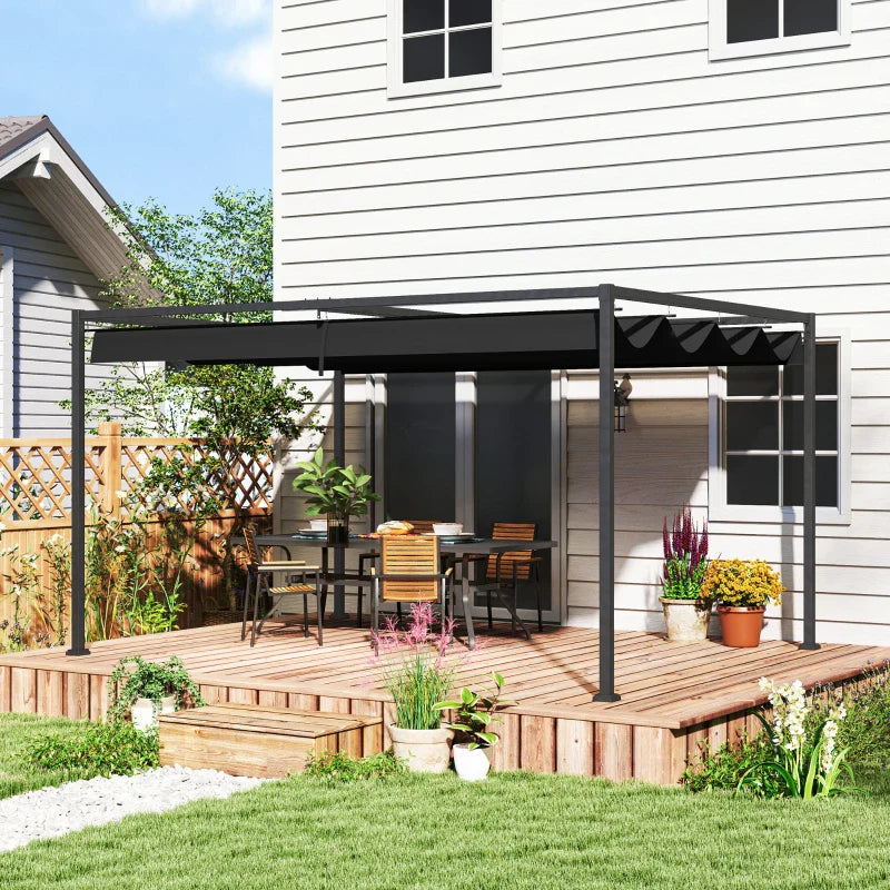 4m x 3m Metal Pergola – Black Retractable Canopy Roof, Outdoor Patio Garden Shade She