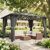 3m x 4m Hardtop Gazebo with 6 mm Polycarbonate Roof, Aluminium Permanent Garden Pavilion with Curtains, Dark Grey Outdoor Patio Canopy for Sun, Rain & Privacy